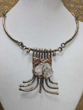 Brutalist Artisan Handmade Statement Necklace with Clear Raw Crystal Pendant